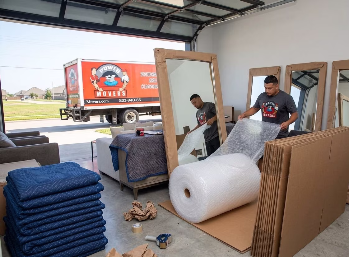 Power Movers team wrapping and packing large mirrors for a local move in Houston texas in a garage