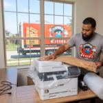 Power Movers Team member wrapping a office printer in a home office in Houston Texas for a long distance moving in Houston Texas