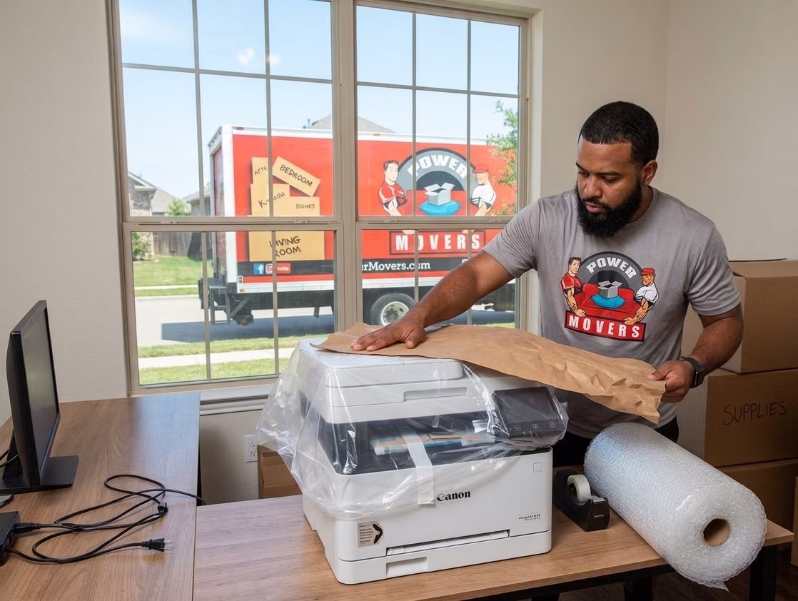 Power Movers Team member wrapping a office printer in a home office in Houston Texas for a long distance moving in Houston Texas