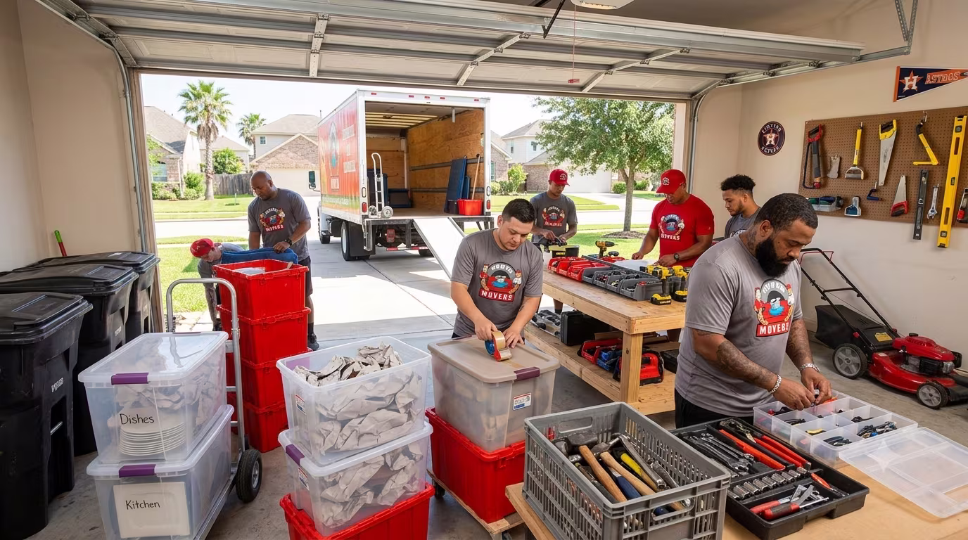 Power Movers team packing things in a garage for a local move in Houston.